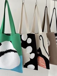 Large Capacity Special-Interest Design Cute Cat Knit Handbag K-style Easiest for Match Student Commuter Tote Shoulder Bag