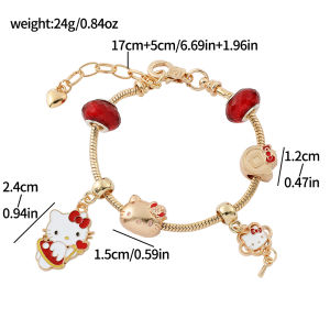 Sanrio | Gold Tone Hello Kitty DIY Charm Bracelet Zinc Alloy with Red Crystal Beads & Kitty Charms Adjustable Snake Chain for Girls