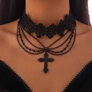 Ingemark | Ingemark Multilayer Gothic Black Lace Chunky Chain Necklace for Women Vintage Cross Jesus Pendant Choker Halloween Rave Jewelry