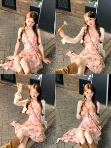 Red Floral Print Halter Dress Sleeveless Womens Summer Fashion Slimming Skirt French Style Waist Cinched Short Length A-Line