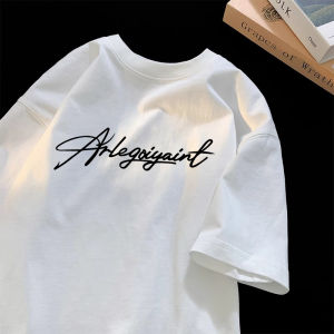 Pure Cotton Short Sleeve Mens T-shirt Casual Loose White Top for Summer High Street Hip Hop Trend Print Decorated Heat Transfer