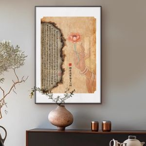 Modern Simplicity Metal Framed Buddha Lotus Zen Calligraphy Artwork Decorative Painting for Living Room Study Tea Room Decoration