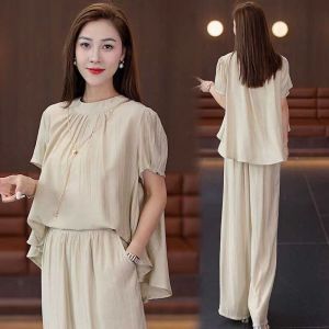 Phong cách Hàn Quốc cho Nữ Ngắn Tay Giản Dị Bộ hai mảnh Lỏng Lẻo Và Mỏng Tính Khí Phụ Nữ Đồng Bằng Thời Trang quần ống rộng Bộ vest 2 mảnh (gồm áo ngoài và quần âu) Quà Tặng Vòng Cổ