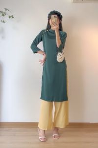 Set áo dài lụa trơn kèm mấn ngọc - 247StoreFashion - Aodaicahtantron302