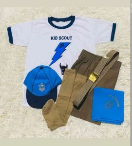 Blue 7-in-1 Kids Scout Uniform Set with Complete Accessories including T-shirt cap carabao socks belt shorts and scarf.