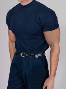 round Neck Ribbed Knitted Short Sleeve T-Shirt Mens Summer American Hard Man Muscle Elastic Comfortable Light Maturity Style Tee