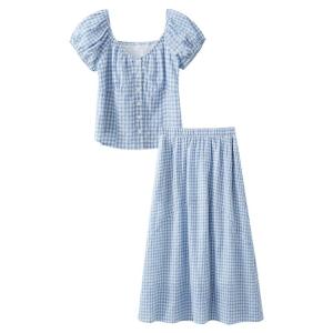 Summer Korean Style Blue V-Neck Gingham Short Sleeve Shirt and Skirt Set