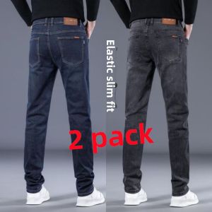 Spring Autumn Casual Straight Leg Mens Jeans Side Pocket Elastic Waist Long Pants Cotton Stretch Denim Youth Fashion