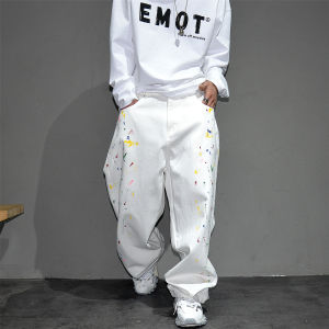 Vibe Hip Hop Loose Wide Leg Mens Jeans Casual Straight Long Pants Dyeing Painting Large Size Comfortable Cotton Denim