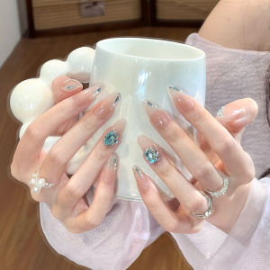 Ice Blue Gradient Cat Eye Nail Strips Summer Beauty Nail Wearable False Nails Atmosphere Sensation Blush Transparent Nude Color