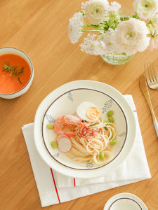 Elegant Ceramic Pasta Plate Simple Design Deep Dish Home Use Lightweight Luxury Minimalist Dinnerware Set round Shape Plant Floral Pattern