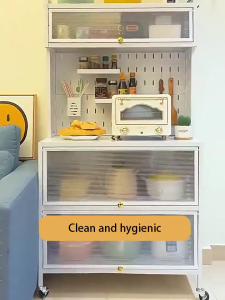 【Lowest Price】Kitchen Dust Cabinet  Kitchen Storage Cabinet Sideboard Cupboard Microwave Stand Carbon Steel Organizer with Pull-Out Doors & Wheels Dustproof Storage Cabinet Carbon Steel