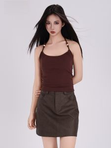 Korean Pure Desire Beaded Strap Womens Spring Summer New Beach Vacation Style Slimming Top Short Sleeve round Neck Vest