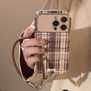 Brown Plaid Phone Case for iPhone 17 Pro Max/17 Pro/17 Shockproof Protective Cover with Premium Lanyard Stylish Checkered Design