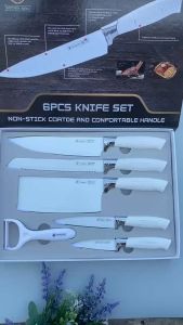 Bộ dao làm bếp 6 món toàn trắng (Trắng ngọc trai) hộp nắp bật nam châm sang trọng của hãng Kitchen King