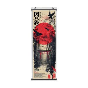 VIKAMA Shrine Raven Crimson Sun Wall Tapestry Japanese Calligraphy Distressed Poster Scroll Art Home Decor Cute Kawaii Soft Cozy