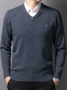 เสื้อสเวตเตอร์คอวีผู้ชาย ผ้าขนสัตว์หนา ทรงปกติ ฤดูหนาว เสื้อชั้นในแบบลำลองสำหรับผู้ชาย ลายดอกไม้ ไม่ต้องรีด ผ้าขนสัตว์แท้ 100%