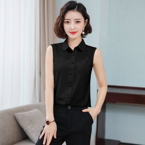 เสื้อเชิ้ตแขนกุดผ้าชีฟองสำหรับผู้หญิง ฤดูใบไม้ผลิและฤดูร้อน 2025 เสื้อเชิ้ตแขนกุดสีขาวทรงเข้ารูปสำหรับใส่ทำงาน เสื้อเชิ้ตแขนกุดแบบลำลอง