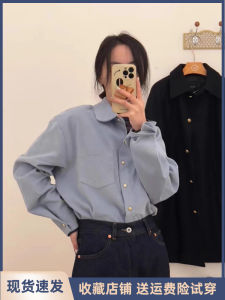 Blue Long Sleeve Polo Collar Womens Shirt Loose Fit Autumn Winter New Style Golden Button Sweet College Style Top Slimming