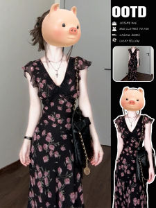 Itawina | Summer Floral Print Maxi Dress Womens Sleeveless V-neck High Waist Beach Vacation Gown Elegant A-line Midi Skirt