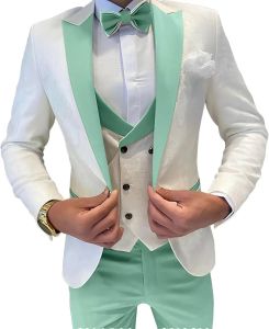 3 Piece Ivory Jacquard Mens Wedding Suits Peak Lapel Blazer Vest Pants Set Slim Fit Business Costume for Party Prom Male Outfit