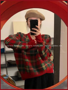 Red Plaid round Neck Knit Sweater Womens Autumn Winter Large Size Versatile Retro Knitted Top Commute Korean Loose Fit Polyester Fiber