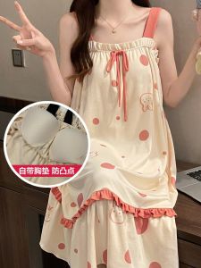 ชุดนอนผู้หญิงคอวีแขนกุดทรงเข้ารูปพิมพ์ลายดอกไม้ ผ้าฝ้ายแท้ ชุดนอนในบ้านเซ็กซี่ ชุดนอนฤดูร้อน ชุดนอนแบบสวมหัว ชุดนอนสำหรับเด็กและเยาวชน