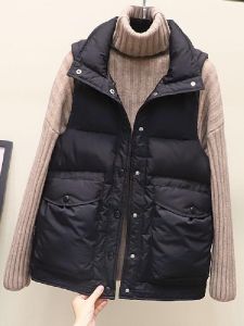Ladies Short down Cotton Vest Autumn Winter New Style Korean Version Vest with Big Pockets Quilted Jacket Commute Pure Color