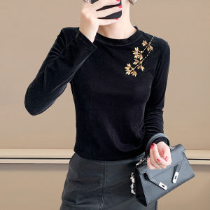 Yimei khí thêu móng tay Kim Cương hàng đầu cho phụ nữ trong mùa xuân và mùa thu cổ tròn thanh lịch cơ sở Nhung vàng giảm béo Tay áo dài T-Shirt
