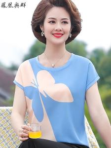 Small Middle-Aged Mom Summer Clothes Short Sleeve T-shirt Top 50-Year-Old 60 Faux Silk Summer Middle-Aged and Elderly Womens Suit