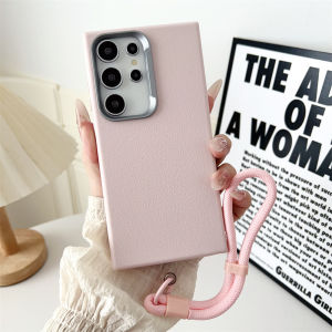 Luxury Lanyard Wrist Strap Bracelet Matte Phone Case For Samsung S25 S24 Ultra S23 S22 S21 Plus S20 FE Leather Pattern Cover