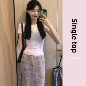 YUEZHONGWEI | American Style Short Sleeve Round Neck T-Shirt Women Summer New Slim Fit Pure Color Basic Top Korean Commute Style Pure Color