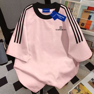 American Color Block Pure Cotton Short Sleeve T-Shirt Womens Loose Inner Wear Summer Student Pink Casual Street Style