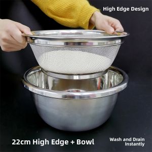 Kitchen 304 Stainless Steel Filtering Net Vegetable Washing Basket Drain Basin Rice Cleaning Tool Metal Material Home Use