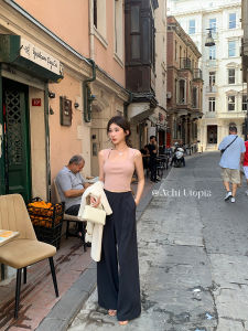 Achi High Waist Wide Leg Casual Pants Womens Loose Fit Drawstring Trousers Deep Grey Straight Cut Pants Polyester Fiber