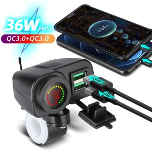 36W 12-24V QC3.0 cổng kép 6A sạc nhanh USB xe máy Phụ kiện động cơ với vôn kế bật/tắt công tắc & Hiển thị nhiệt độ