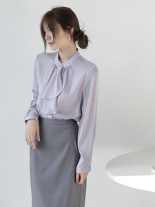 MZOMXO French Elegant Design Spring Purple Long Sleeve Shirt for Women Polyester Spandex Blouse with Button Style for Work and Party