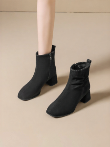 Josiny | Coarse Heel Short Velvet Square Toe High-Heeled Ankle Boots