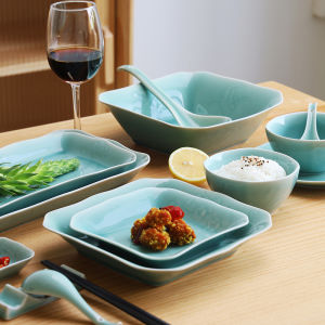 Rongqiu Blue Porcelain Plate Ceramic Dining Set Rice Bowl Chinese Style Soup Plate Rectangular Shape Handmade Pure Color Dishware