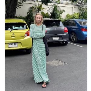 French Vintage Green Striped Backless Dress Womens Dopaamine Casual Pure Desire Long Dress Long Sleeve T-Shirt Dress