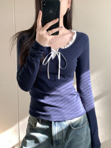 French Style Low Neck Long Sleeve Lace Trim Shoulder T-Shirt Womens Inner Spring New High Sensation Spicy Pure Cotton Top