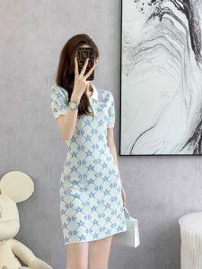 Elegant Blue Knitted Dress Polo Collar Anti-Aging Summer New Design High-End Feeling Midi Skirt Womens Fashion Silk Top