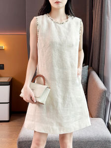 YUFUQING | ชุดเดรสแขนกุดคอตั้งผ้าฝ้ายลินินสไตล์ฝรั่งเศสสำหรับผู้หญิงในฤดูร้อน ชุดเดรสยาวปานกลาง ทรงเข้ารูป เดรสยาวปานกลาง