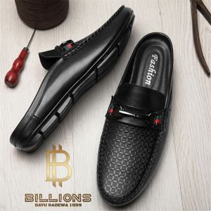 Sepatu Pria Slop Bustong Kulit Sapi Casual Slip On Formal Santai Sandal Keren Nyaman Warna Hitam