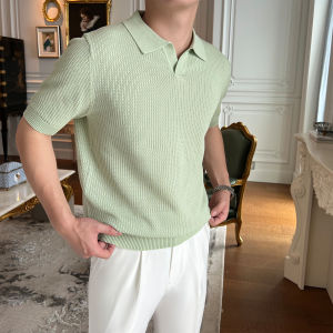Áo Thun Nam Tay Ngắn Mùa Hè Dệt Kim Mỏng Cổ Đứng Áo Thun Cao Cấp Cảm Giác Thoải Mái Họa Tiết Bện Thoáng Khí Polo Áo