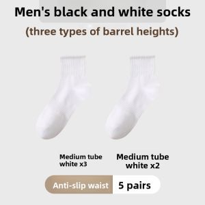 Miiow | Mens Mid-Calf Pure Cotton Socks Breathable Sports Short Tube Socks Anti-Odor Sweat Absorbent Black White Solid Color Versatile