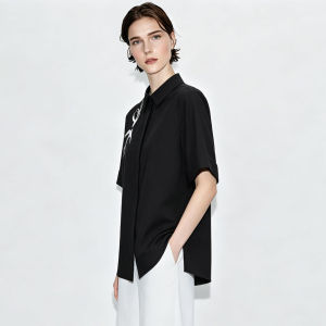 AMII | Summer New Asymmetric Collar Chinese Style Embroidered Short Sleeve Shirt