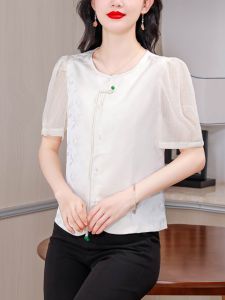 MAIMEI | Retro Chinese Style Shirt Womens Fashion Slimming Top Ladylike Embroidery Cover Belly Straight Cut Short Sleeve Round Neck