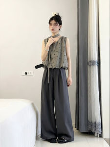XUECAIQI | Relaxed Atmosphere Polka Dot Sleeveless High-Waisted Wide-Leg Pants Set Female
