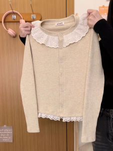 Butter Cream Universe Lace Splice Knitted Cardigan Long Sleeve Womens Gentle Atmosphere Base Top New Style Korean Version Slim Fit Polyester Fiber